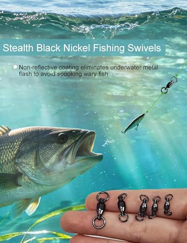 Avlcoaky Ball Bearing Swivel Fishing Swivels 46pcs/Box Heavy Duty Saltwater Swivels Stainless Steel Swivel Connectors Black Nickel Finish Trolling Swivels Terminal Tackle Barrel Swivel