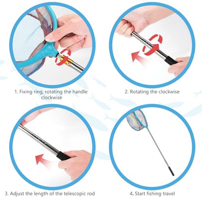 Kids Fishing Net, 2 Pack Telescopic Fishing Landing Net with Aluminum Pole Handle for Kids, Collapsible Bucket Kids Sand Pail, Fishing Net Butterfly Nets for Kids, Outdoor Playing - color: Red Blue