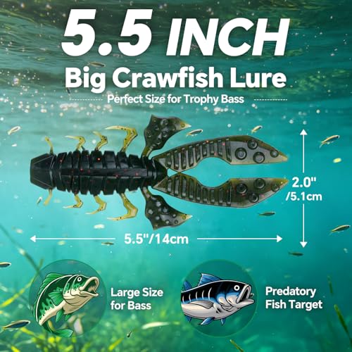 Crawfish Lure 5.5", Soft Plastic Crawdad Creature Bait with Rattles, Weedless Bass Fishing Lure, Realistic Fishing Lures for Freshwater & Saltwater, 3 Pack Red Green Blue - color: Green (box)