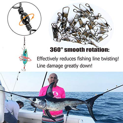 AGOOL Barrel Swivel Snap Kit - 50pcs Barrel Swivels with Safety Snaps High Strength Fishing Quick Connect Snap Swivels with Solid Ring Fishing Tackle Accessories Box Kit Size 4#,6#,8#,10#,12#,14# - color: 50pcs-black
