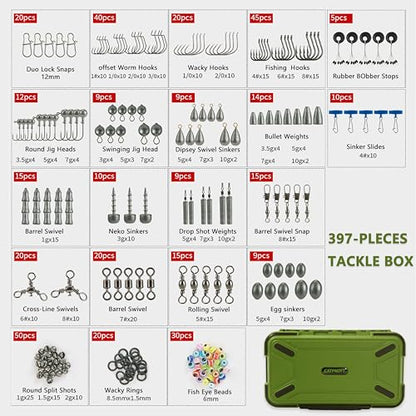 397-Piece Freshwater Fishing Tackle Kit with Waterproof Tackle Box – Compact Bass & Trout Lure Set for Beginner and Pro Anglers, Fishing Gear Set Equipment for Bass Trout Gifts for Men,Kids