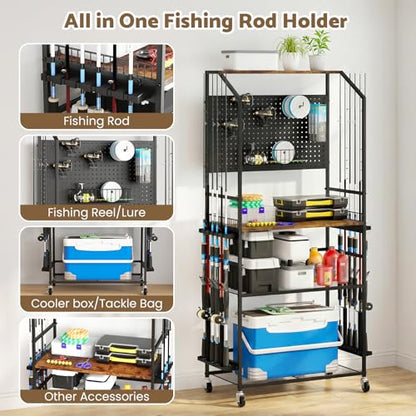 Kikihouse 4-Tier Heavy Duty Fishing Rod Holders for Garage with Pegboard and Hooks, 65.7" Lockable Wheels Fishing Rod Rack Storage Up to 12 Rods, Fishing Pole Stand for Fishing Gear & Equipment