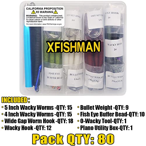 Wacky-Worms-Bass-Fishing-Lure-Kit-Wacky-Rig-Worms-Soft-Plastic-Stick-Baits3 4" 5" 6 inch - color: 80-Piece Supper Wacky Worm Kit