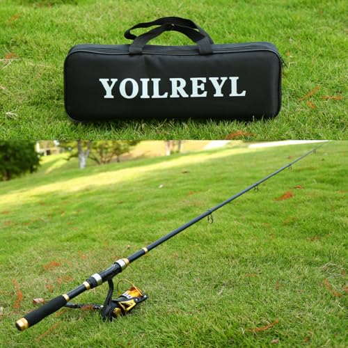 Yoilrey Fishing Rod and Reel Combo – 5.9ft Telescopic Fishing Pole Starter Kit with Spinning Reel, Fishing Line, Lure Box & Tackle Bag for Travel - color: Single Black and Gold
