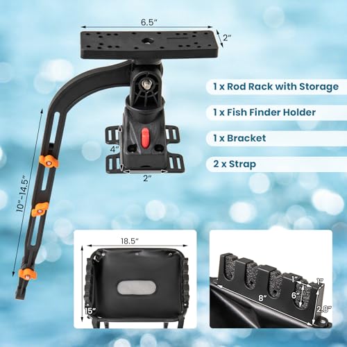 Goplus Fishing Float Tube Accessories, 360° Rotatable Fish Finder Holder w/ Mount Bracket, Rod Rack w/ Storage Basket fit 4 Rod, Accessory Set for Inflatable Boat Kayak