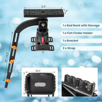 Goplus Fishing Float Tube Accessories, 360° Rotatable Fish Finder Holder w/ Mount Bracket, Rod Rack w/ Storage Basket fit 4 Rod, Accessory Set for Inflatable Boat Kayak