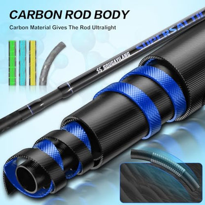 Sougayilang Surf Fishing Rod Portable Travel MH/H Surf Spinning Rod 4 Piece Carbon Fiber Saltwater Fishing Rod 10'/11'/12'/15' - color: blue, size: 15ft-Spinning-4Pc-H