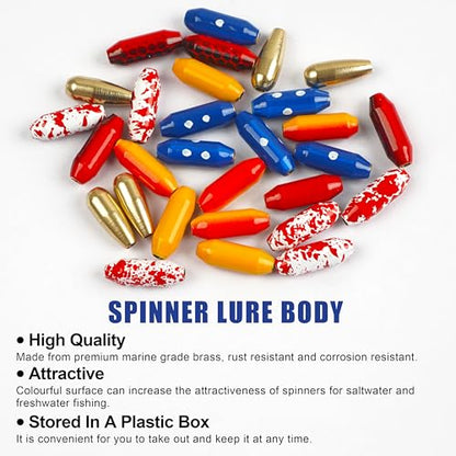Fishing Spinner Lure Bodies Kit,60PCS Fishing Sinker Weights Brass Painted Spinner Lure Body Brass Beads Bullet Slip Sinker DIY Inline Spinnerbait Making Supplies Parts