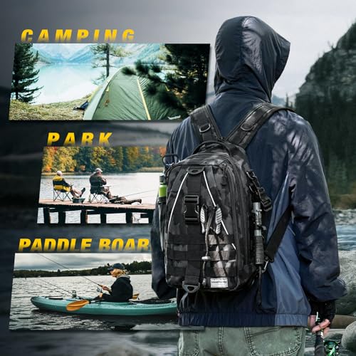 Ghosthorn Fishing Backpack with Tackle Boxes Fish Lip Gripper Pliers Lures Waterproof Tackle Bag with Rod Holder Fishing Gear - color: Black Camouflage Set, size: Standard