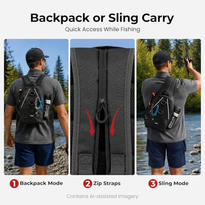 Piscifun Fishing Backpack with Rod Holder, Lightweight Sling Bag Storge Gear and Equipment - color: Black, size: Large, style: Latch