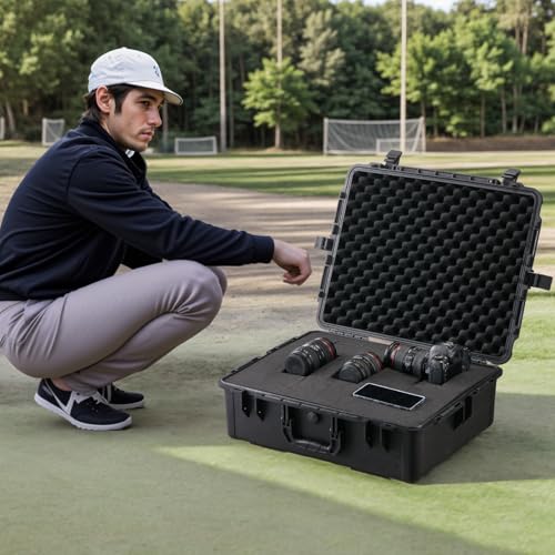 VEVOR Weatherproof Hard Case, Heavy Duty Protective Dry Box with Pre-cut Foam, and Retractable Pull Handles for Travel, Hunting, Military, Tactical, IP67 Waterproof Case for Cameras (24.4×19.3×8.9) - size: 24.41 x 19.29 x 8.86 in