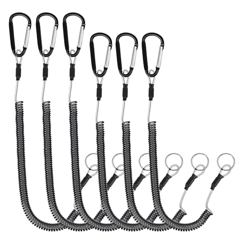6 Pack Fishing Coiled Lanyard, Retractable Tool Lanyards for Hand Tools Keychain Pole Tether, Kayak Paddle Leash Fishing Rod Safety Steel Wire Lanyards Gear with Carabiner Clips for Pliers Boating