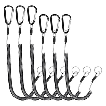 6 Pack Fishing Coiled Lanyard, Retractable Tool Lanyards for Hand Tools Keychain Pole Tether, Kayak Paddle Leash Fishing Rod Safety Steel Wire Lanyards Gear with Carabiner Clips for Pliers Boating
