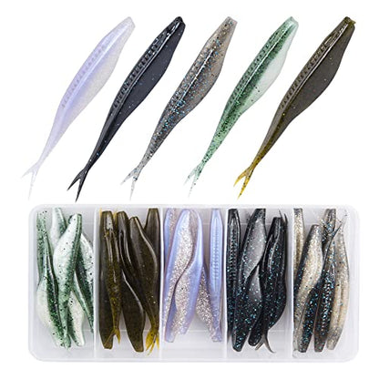 Fishing Bait Soft Plastic Lures 30/50 Pcs, Weighted Hooks 10 Pack & 40-Piece Set, 4in/5in Salty Split Tail Jerk Shad, 3/0 4/0 5/0 Weedless Swimbait Hook for Bass Fishing - color: Set A, size: 4in-30 Pcs