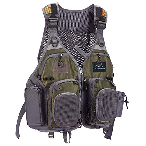 BASSDASH Strap Fishing Vest Adjustable for Men and Women, for Fly Bass Fishing and Outdoor Activities - color: Army Green With Hard Shell Flies Pockets