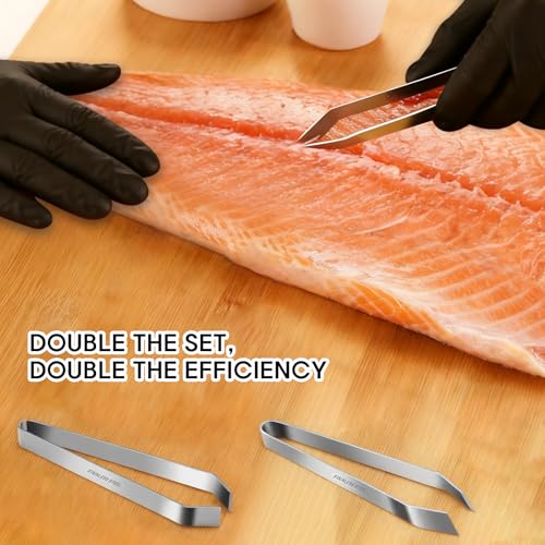 Fish Bone Tweezers Set, 4.6" Stainless Steel Remover for Salmon & Sushi Prep-4-Piece (2 Flat + 2 Slant) Pin Bone Pliers, Precision Seafood Deboning Tool for Home & Pro Chefs
