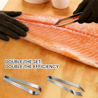 Fish Bone Tweezers Set, 4.6" Stainless Steel Remover for Salmon & Sushi Prep-4-Piece (2 Flat + 2 Slant) Pin Bone Pliers, Precision Seafood Deboning Tool for Home & Pro Chefs