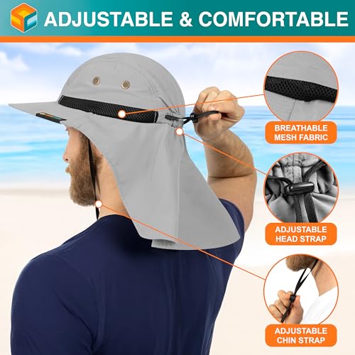 SUN CUBE UPF50+ Sun Hat for Men Women with Neck Flap, Wide Brim UV Protection Fishing Safari Hat for Hiking Beach Gardening - color: Light Gray