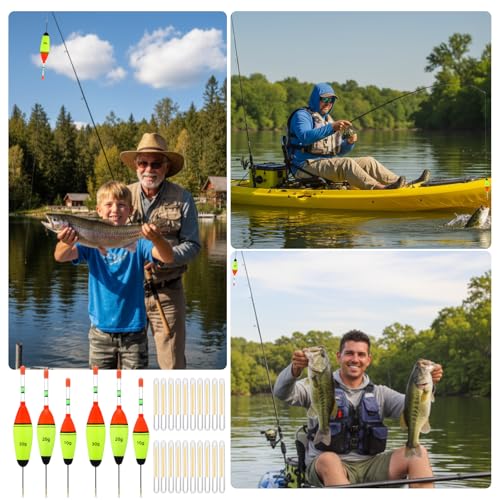 Shappy 6 Pcs Lighted Fishing Bobbers Floats 20 Pcs Glow Sticks Glow in The Dark Light up Slip Fishing Bobbers with Glowing Stick 10g/20g/30g Weight for Night Crappie Walleye Catfish