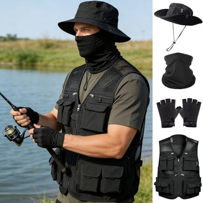 HUNTURE Fishing Vest,Pocket Vest and Hat Gloves Neck Gaiter Set for Men,Lightweight Utility Outerwear Vest - color: Black, size: XX-Large