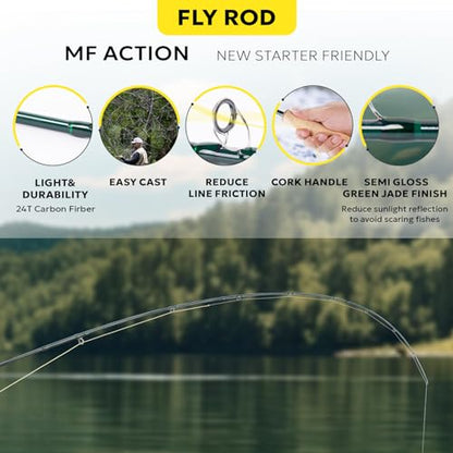 SF Fly Fishing Rod Combo Starter Kit Semi Gloss Green Jade Finish 24T Carbon Fiber Trout Travel Fly Rod with Reel,Fly Rod case,Fly Box , Flies,Tapered Leader,Knot Tying Tools - color: Emerald Green Fly Rod Combo 5wt, size: 9', 5wt, 4sec, M.F