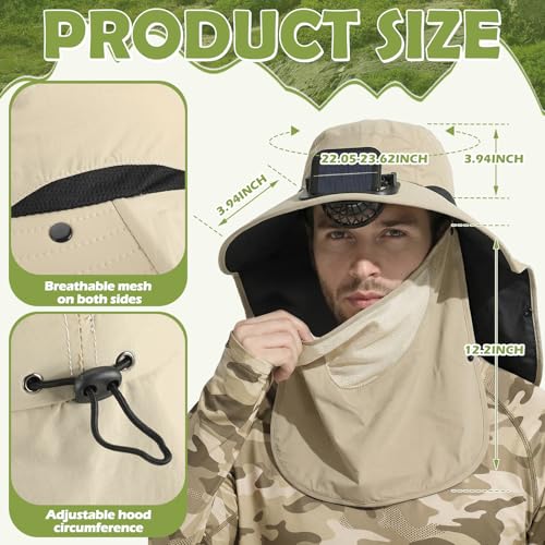 Berlune Solar Fan Hat Outdoor Fishing Hat with Neck Flap and Face Mask USB and Solar Powered for Men Women Sun Protection - color: Khaki