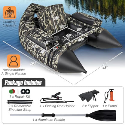 GYMAX Fishing Float Tube, 350LBS Inflatable Belly Boat with Oar, Flippers, Rod Holder, Fish Ruler, Hand Pump & Zipper Storage, Portable Backpack Float Tubes for Fishing - color: Camouflage
