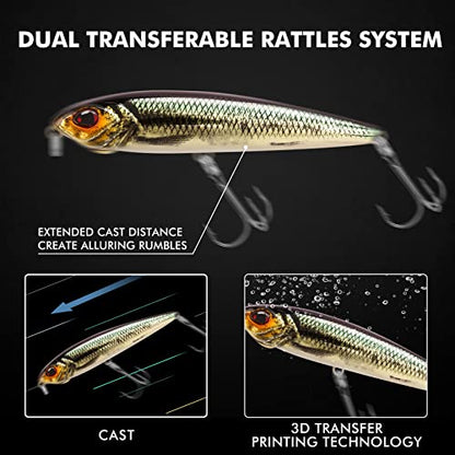 TRUSCEND Popobait Easy Catch Fishing Lures with BKK Hooks, Instant Startup, Longer Cast, Balanced Spray/Sound/Swim, Plopper Topwater Lures for Bass, Trout, Pike, Walleye, Freshwater Saltwater Fishing - color: E3-3.5",0.4oz