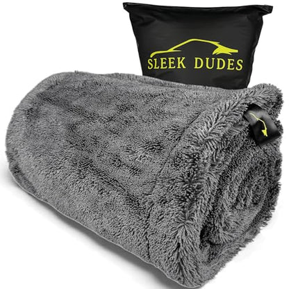 Sleek Max Dry 2000GSM Car Drying Towel 20x31, Grey | Ultra-plush twist-loop microfiber, maximum absorption, soft on paint, double-sided, cars, trucks, SUVs & full-vehicle drying - color: Charcoal Grey