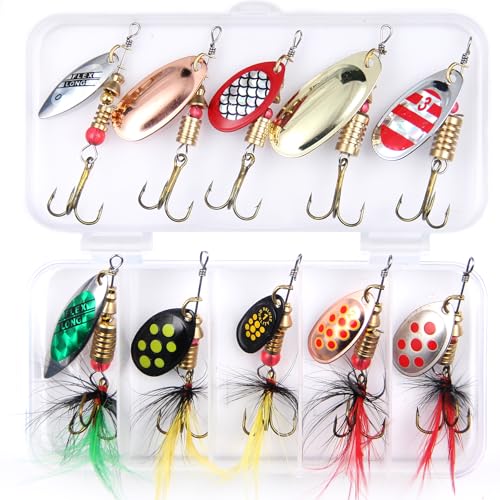 EXAURAFELIS 10/30pcs Fishing Lure Spinnerbait with Feathered Treble Hooks Rooster Tail Fishing Lures Spoon Lures for Bass Salmon Trout Spinner Baits with Tackle Box - color: 10pcs Spinnerbaits