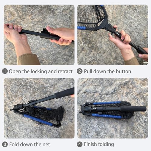 Tripquips Upgraded Foldable Floating Fishing Net, Rubber Coated Foldable Landing Net with Telescoping Pole Handle, Fishing Gear and Gifts for Men