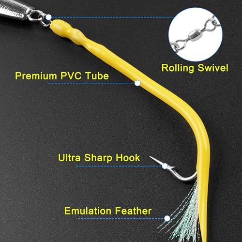 Diamond Jig Saltwater Fishing Lures Casting Jigging Spoon with Tube Tail Stainless Steel Hooks Trolling Lures Striped Bass Metal Jig for Deep Sea Surf Fishing Bottom Dragging Sinking - color: Yellow, size: 8 oz