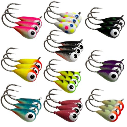 Reaction Tackle Tungsten Ice Fishing Jigs, Tear Drop Jig Heads that Glow with UV Light for Panfish, Crappie, Walleye, Perch, Trout and Bluegill - color: 30-pcs Variety Pack, size: 3 mm