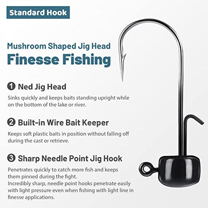 MadBite by KastKing Ned Rig Jig Heads for Soft Fishing Lures, 24-Pack Finesse Standard Mushroom Stand-up Ned Heads Kit, Needle Point Saltwater & Freshwater Versatility Ned Rig Hooks 1/8, 1/16, 3/16 oz - color: Black, size: 1/8 oz