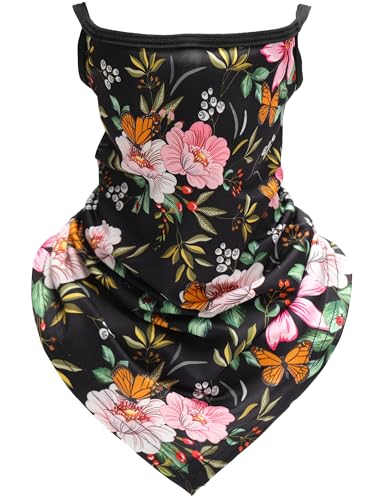 FISHEAL UV Sun Protection Face Scarf Mask, Breathable Gardening Face Cover Neck Gaiter with Ear Loops Bandana for Men Women - color: Black Flowers