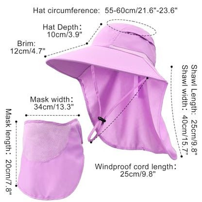 Sun Hats for Men Women Detachable Face Cover Wide Brim Fishing Hats with Neck Flap UPF 50+ Outdoor Safari Hats - color: Purple
