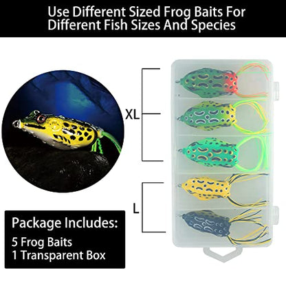 5PCS Topwater Frog Lures Set with Box, Realistic Soft Hollow Body Fishing Lures for Bass Snakehead Pike Bowfin, Weedless Freshwater Simulated Frog Baits