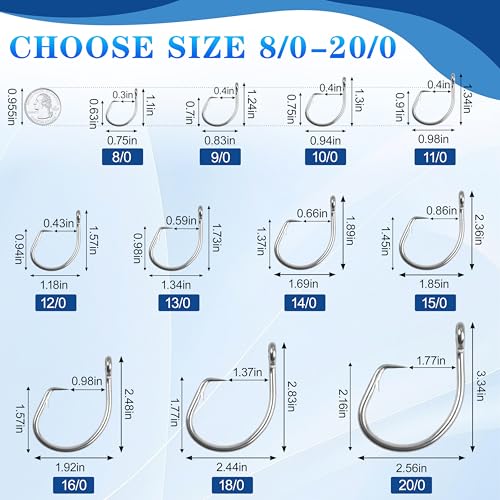 OROOTL Tuna Circle Hooks, 12pcs Stainless Steel Fishing Hooks Catfish Hooks for Saltwater Freshwater 2X Strong Inline Circle Hook for Tuna Carp Catfish Bass and More Size 8/0-18/0 - size: 16/0-12pcs