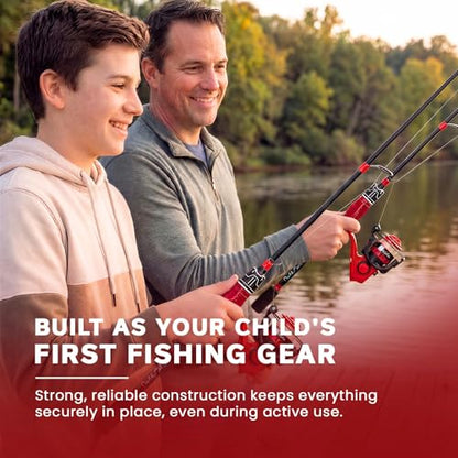 DaddyGoFish Spinning Fishing Rod and Reel Combo Set with Tackle Box | Kids Fishing Pole | Carbon Fiber Telescopic Fishing Rod Kit | Spinning Reel for Travel Saltwater Freshwater Fishing Gear Kit - color: Red