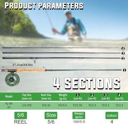 Sougayilang 5/6 Weight 9ft Fly Rod, 4-Piece Graphite Rod, Die Cast Aluminum Reel, Carrying Case, Fly Box & Fishing Flies Combo Starter Kit - color: Fly Fishing Combo #5-Green