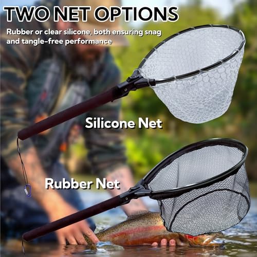 Floating Fishing Net, Rubber Coated Landing Net Ideal for Kayak & Wading Fishing, Easy Catch & Release, Compact & Foldable for Easy Transportation & Storage