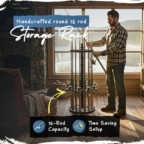 Rush Creek Creations 16-Rod Round Fishing Rod Holder for Garage, 360° Access Fishing Pole Holder for Fishing Rods, Reels, and Gear, Securely Holds 16 Rods, Camouflage - color: Camouflage