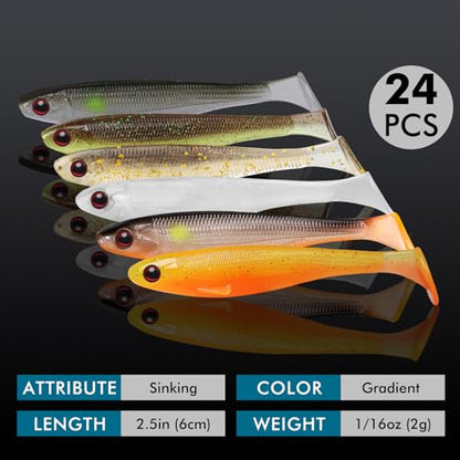 TRUSCEND Shadtale Easy Catch Soft Fishing Lures, Unique Vibration and Action for Various Rigs, Paddle Tail Swimbaits Trailer for Bass, Trout, Crappie, Walleye, Redfish, Saltwater & Freshwater Fishing - color: 2.5",24pcs,0.07oz