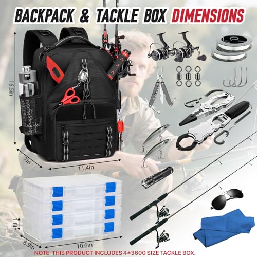 Fishing Tackle Backpack,Tackle Bags with 2 Rod Holders & 4 Tackle Boxes, Water-Resistant Large Tackle Bag Storage Bag for Fishing Gear, Fisher Gifts for Men, Black - color: A-Black with 4 Tackle Boxes