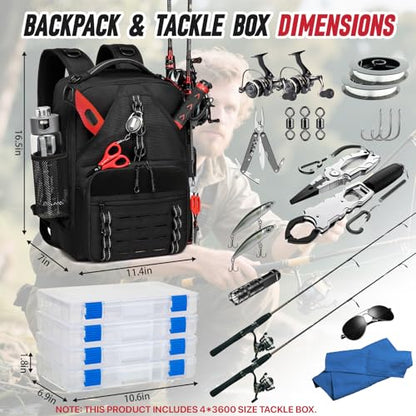 Fishing Tackle Backpack,Tackle Bags with 2 Rod Holders & 4 Tackle Boxes, Water-Resistant Large Tackle Bag Storage Bag for Fishing Gear, Fisher Gifts for Men, Black - color: A-Black with 4 Tackle Boxes