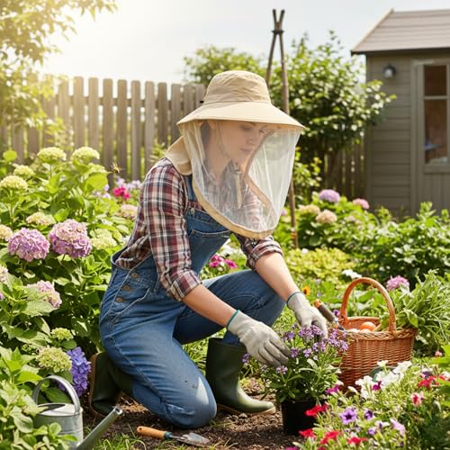 Mosquito Fishing Safari Mesh Net Hat with Neck Flap, Sun Protection Women Men Bug Cap, Hidden Netting Boonie - color: Beige