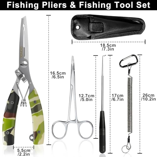 DONQL 4pcs 6in Fishing Pliers Tools Kit, Fishing Pliers Hook Remover, Fishing Scissors Line Cutter, Saltwater Resistant Fishing Gear with Lanyard, Multifunctional Fishing Hook Remover Gifts - color: Camouflage
