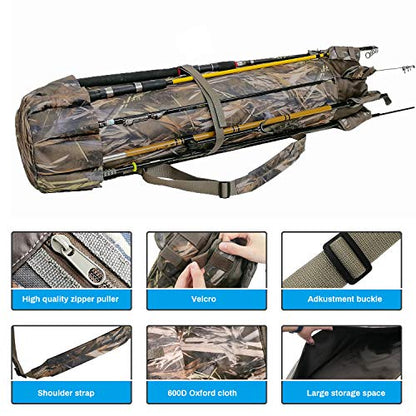 Allnice Durable Canvas Fishing Rod & Reel Organizer Bag Travel Carry Case Bag- Holds 5 Poles & Tackle - color: Camo