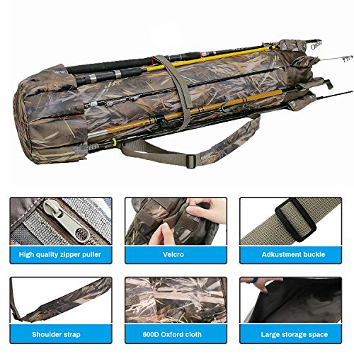 Allnice Durable Canvas Fishing Rod & Reel Organizer Bag Travel Carry Case Bag- Holds 5 Poles & Tackle - color: Camo
