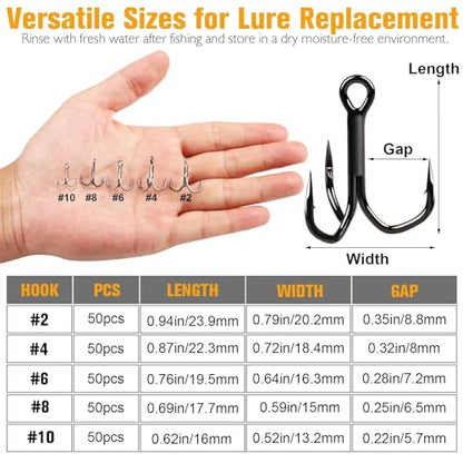 Dovesun Fishing Treble Hooks, Triple Hooks 3X Strong Professional V, 50PCS High Carbon Steel Replacement Fishing Hooks for Saltwater and Freshwater, Sizes #10#8#6#4#2 - color: Black Nickel, size: #6 * 50PCS
